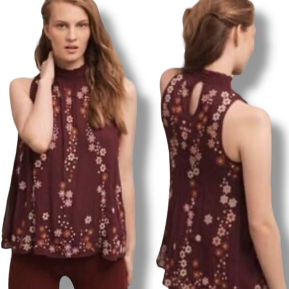 Floret Burgundy Embroidered Dark Floral High Neck Sleeveless Flowy Top Small - Picture 10 of 10